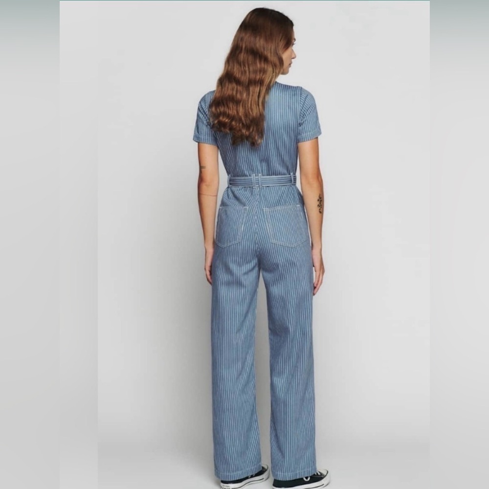 Reformation Cassidy Denim Jean Striped Zip Jumpsuit - Picture 2 of 7
